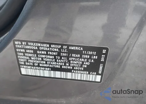 2013 Volkswagen Passat 3.6L V6 Sel Premium from USA, damaged, VIN 1VWCM7A37DC061561